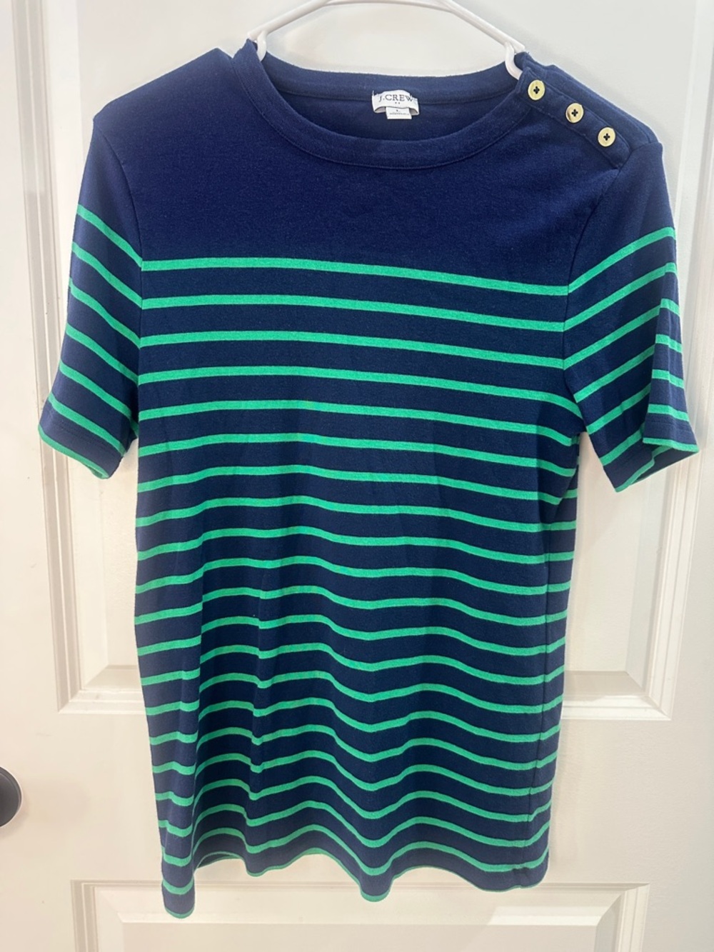 J. Crew Navy & Green Striped Short-Sleeve 100% Cotton Tee Womens Size Large